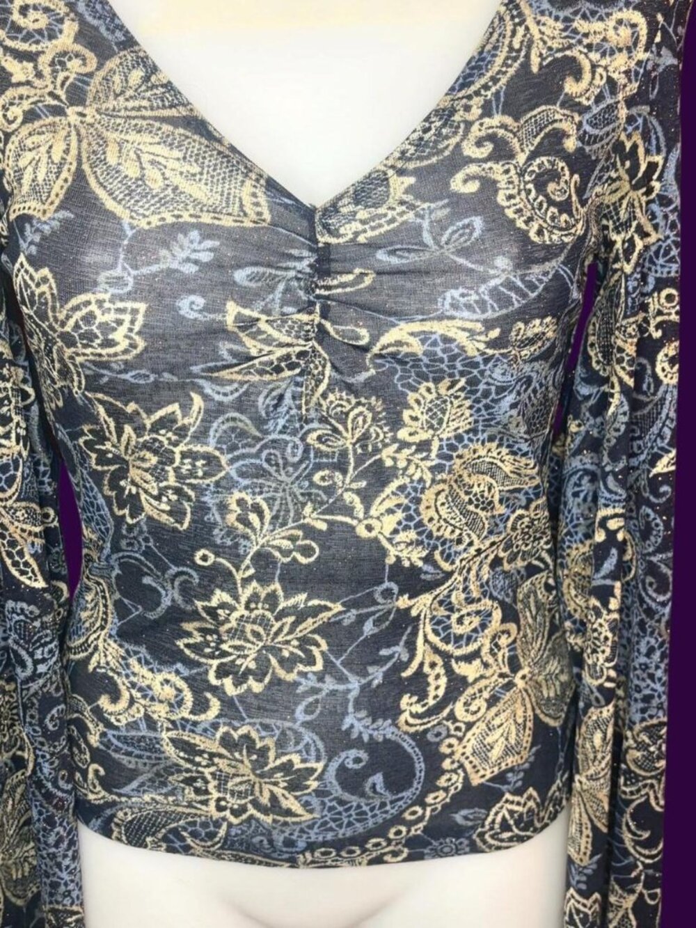 White Moon Vintage 90s/Y2K USA‑Made Glitter Floral Paisley Mesh Top